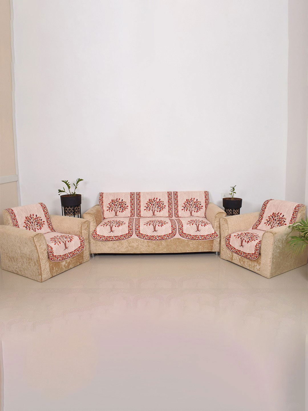 Aura Orange Colored & Pink 6 Pieces Printed 5 Seater Sofa Covers