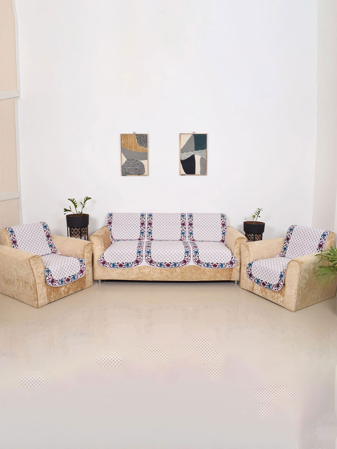 Aura Purple & Blue 6 Pieces Floral Printed 5 Seater Sofa Covers