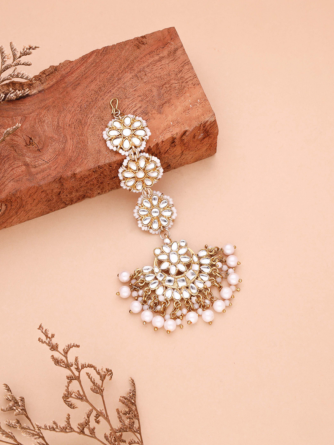 Brado Jewellery Gold-Plated Artificial Stones Studded & Beaded Maang Tikka