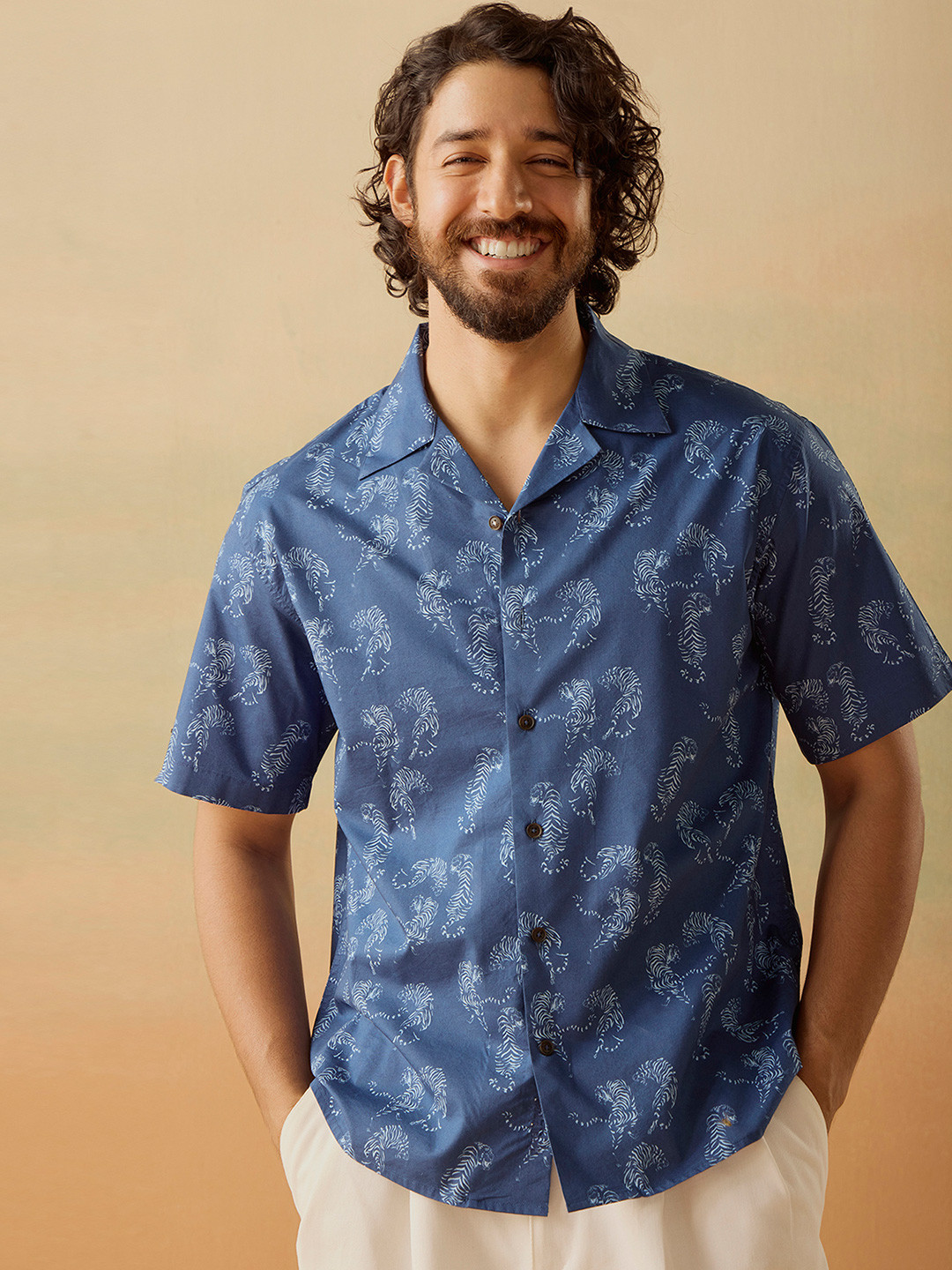 Andamen Men Premium Relaxed Fit Animal Printed Cuban Collar Casual Shirt