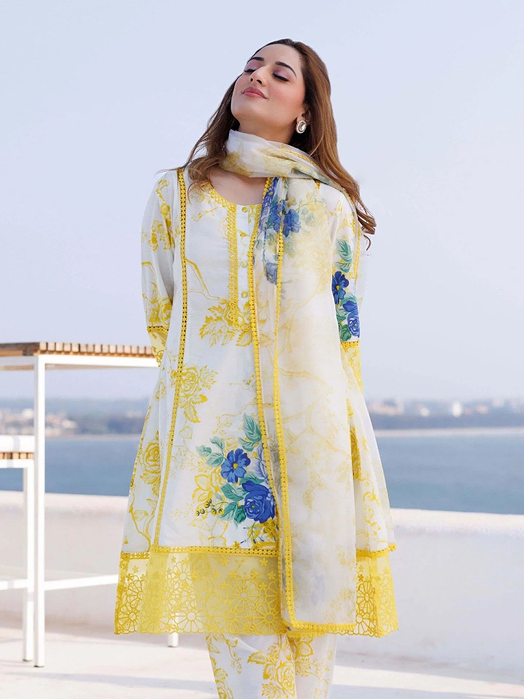 Royal Export Women Embroidered Floral Printed  i Style Kurta with Trouser & Dupatta