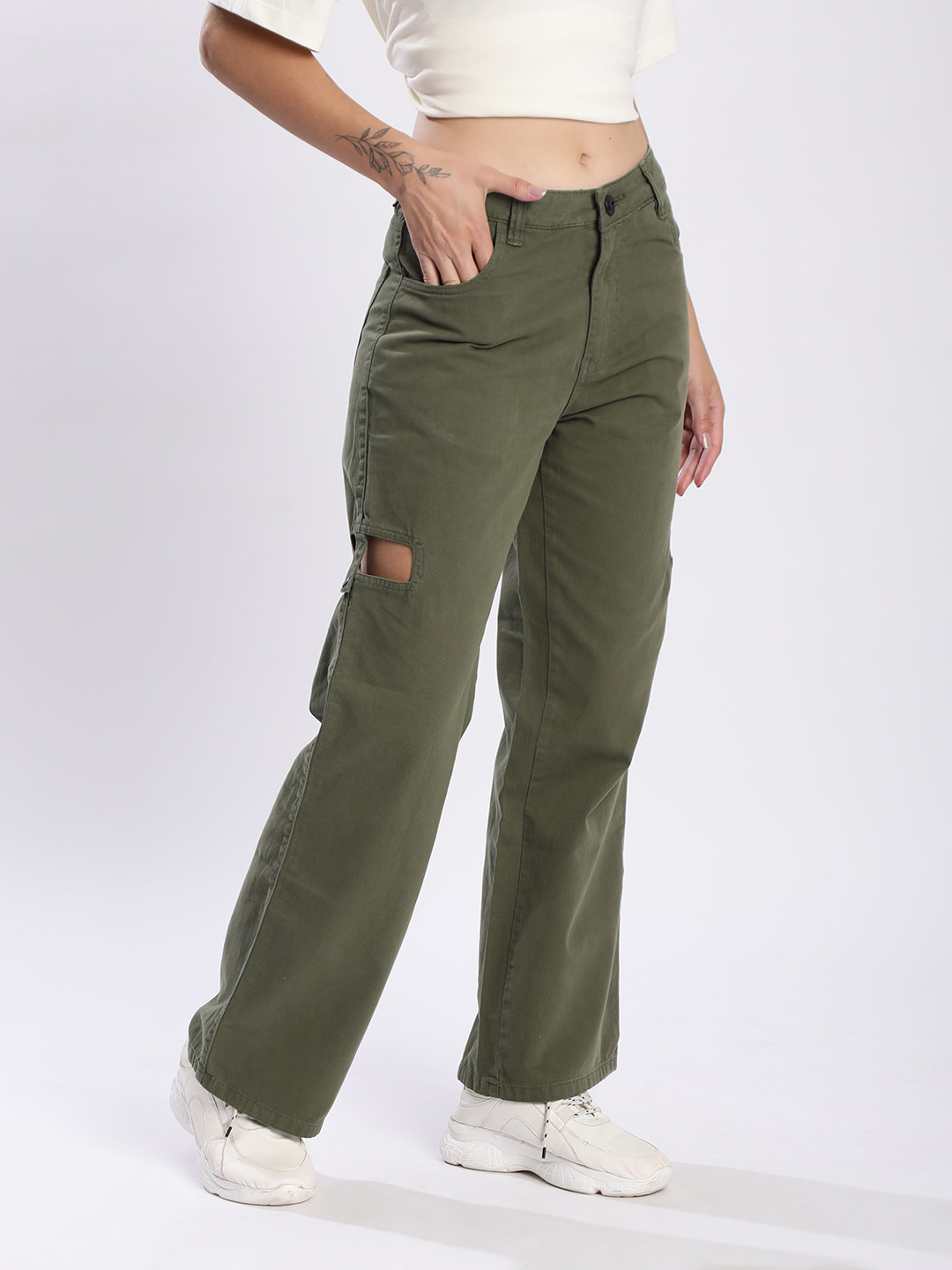 The Roadster The Lifestyle Co. Women Cotton Straight Fit Cut-Out Detail Trousers