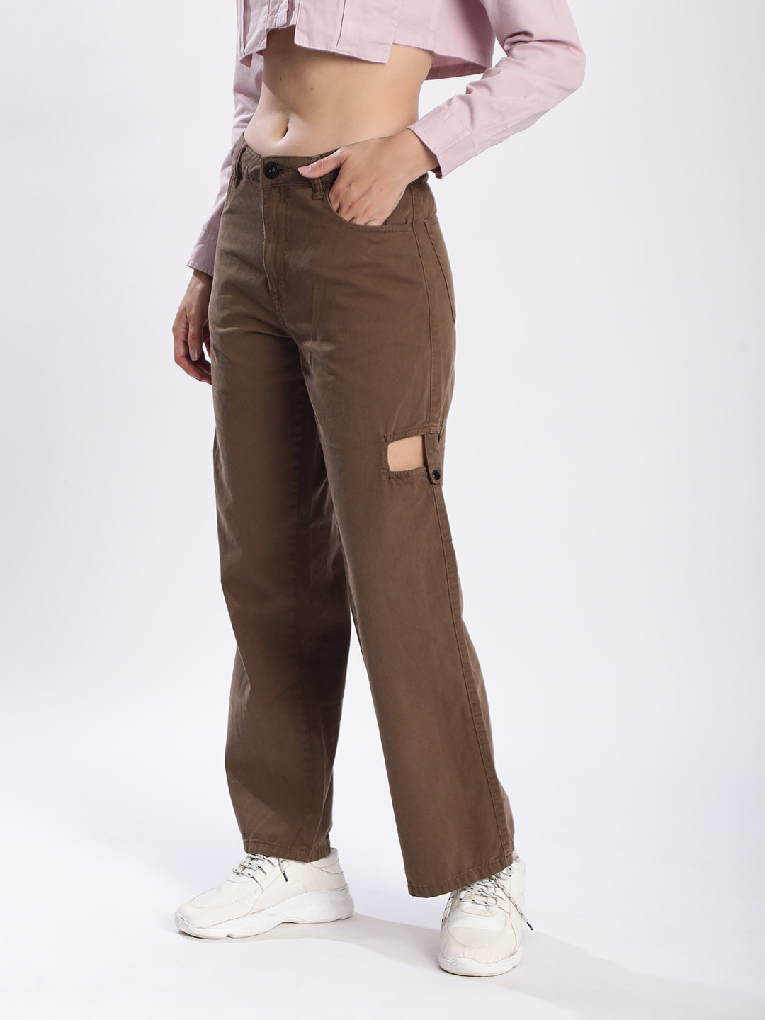 The Roadster Lifestyle Co. Women Cotton Straight Fit Cut-Out Detail Trousers