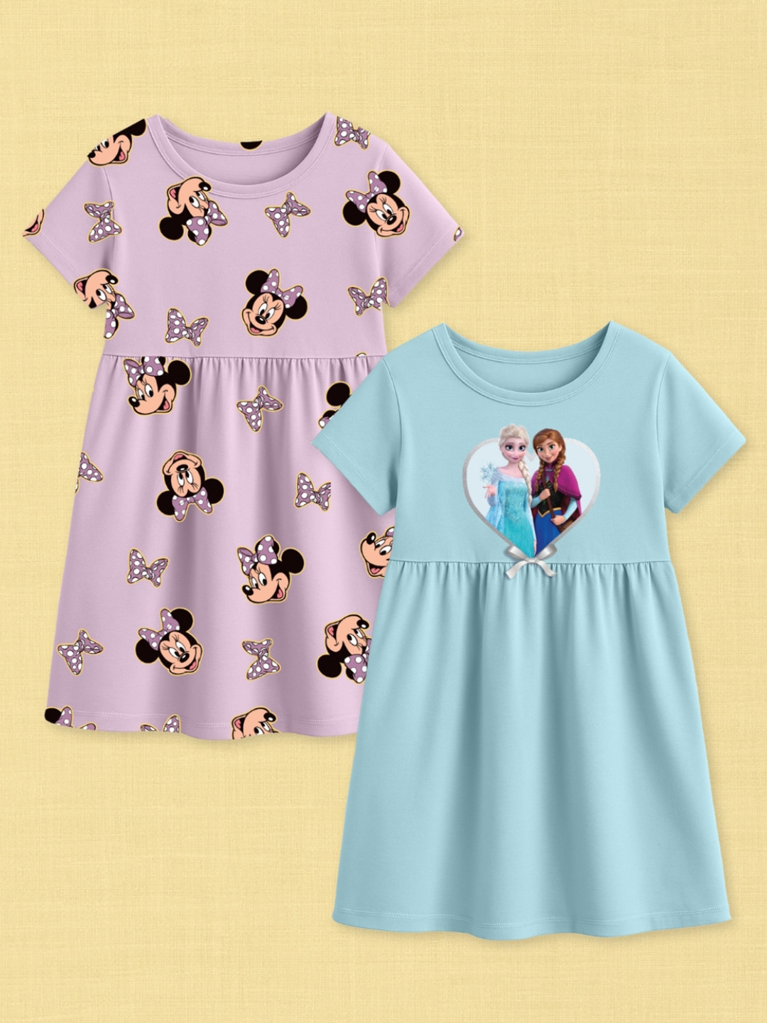 Nap Chief Girls Pack of 2 Minnie & Frozen Printed Relaxed Pure Cotton Fit & Flare Dress