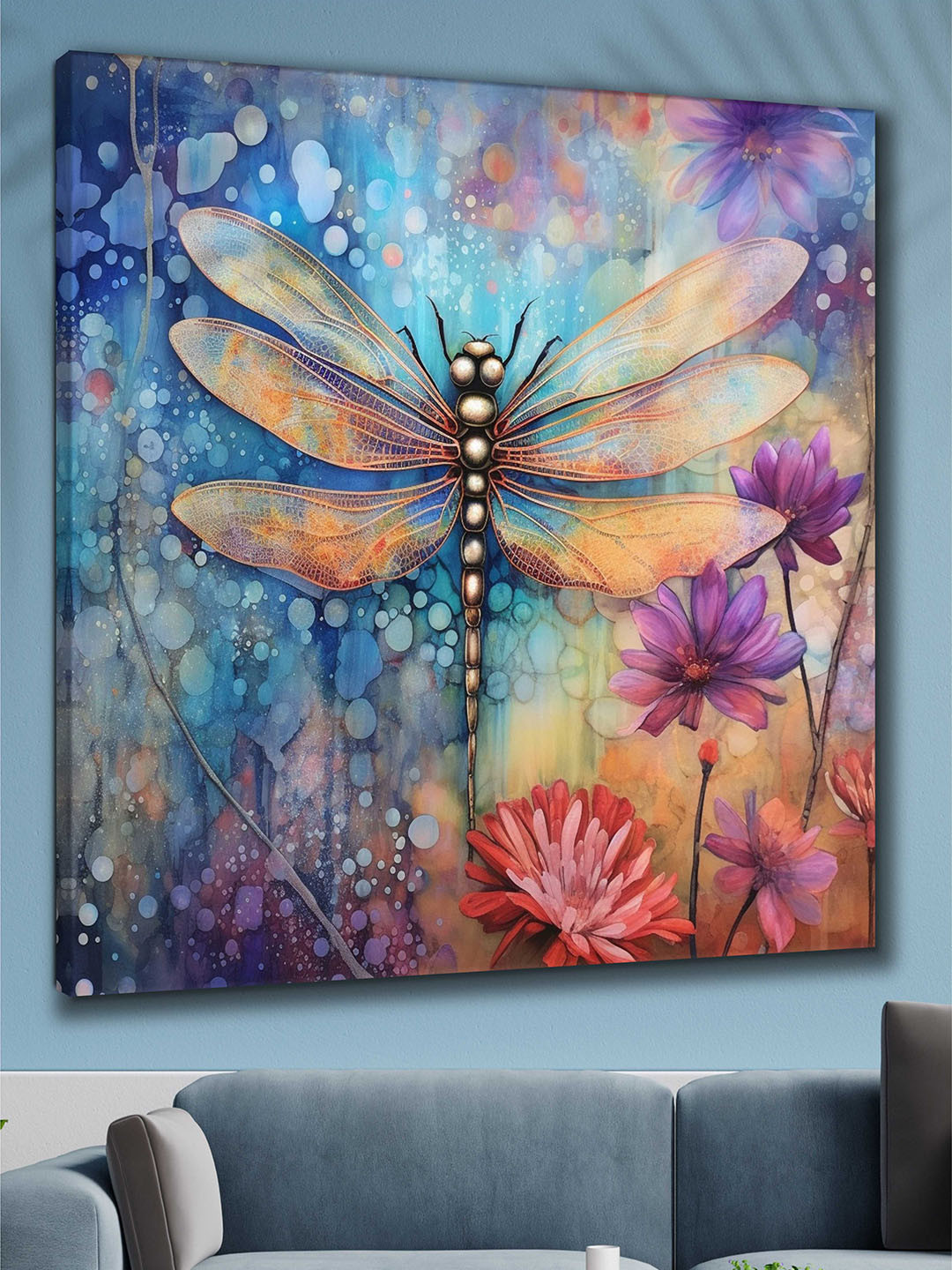 Myntra Elegant Homes Blue & Purple Dragonfly Canvas Wall Art