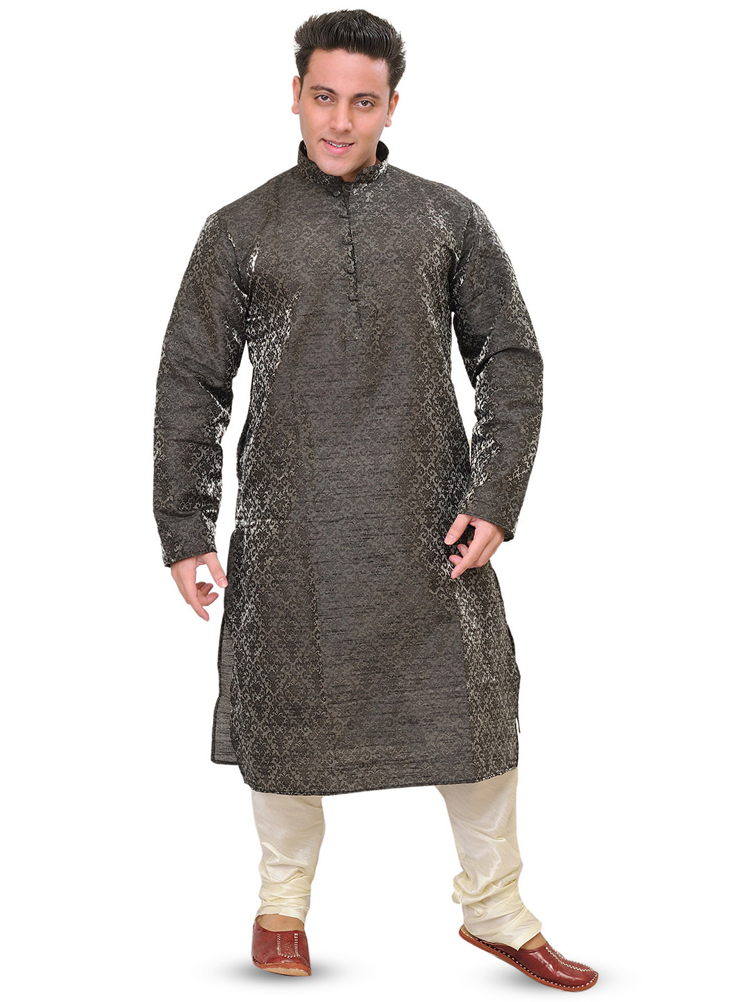 Exotic India Wedding Art Silk Kurta Pajama Set with All-Over Woven Floral Motifs In Self