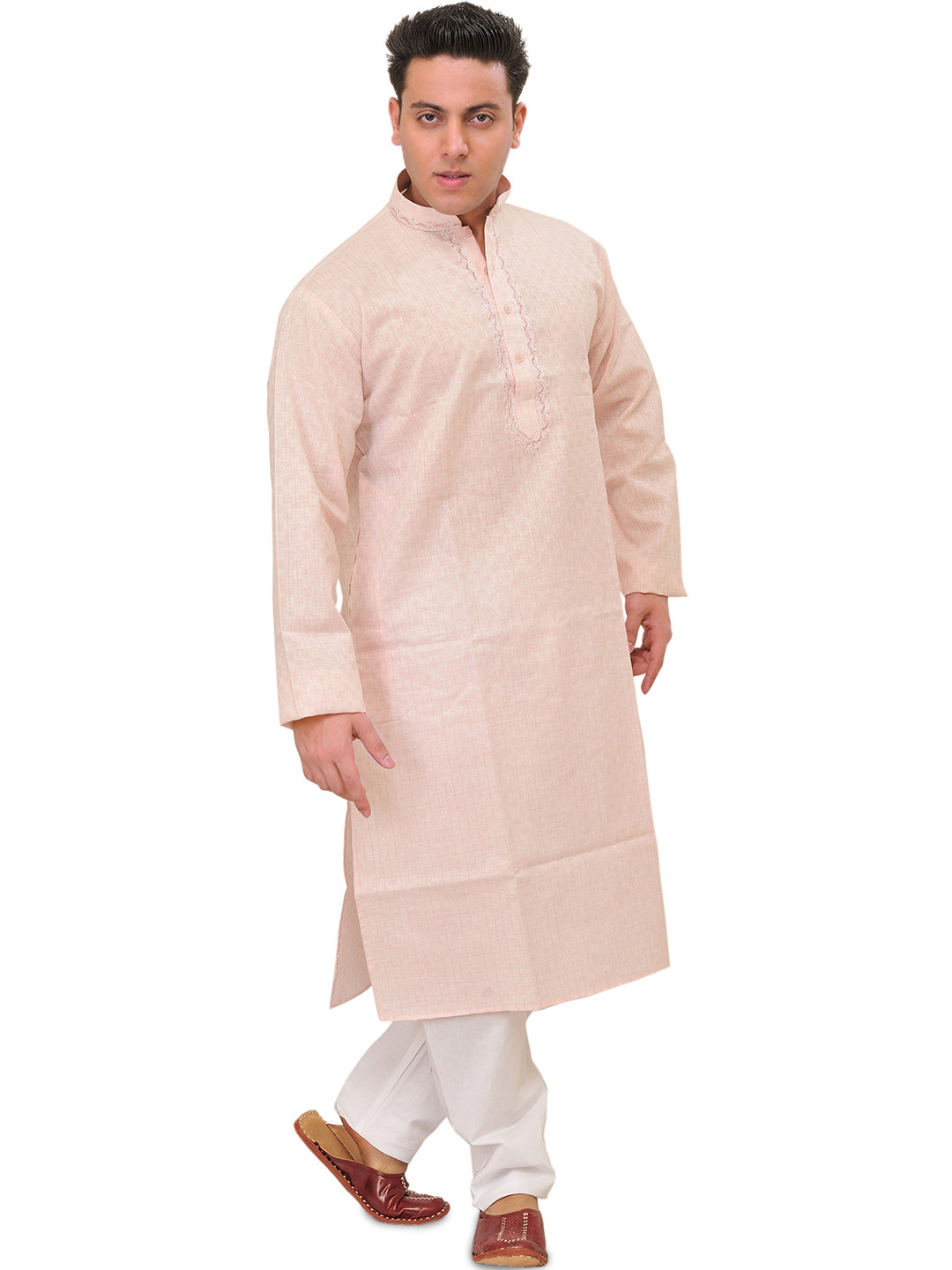 Exotic India Men Pure Cotton Kurta Pajama with Woven Checks & Thread Embroidery on Neck