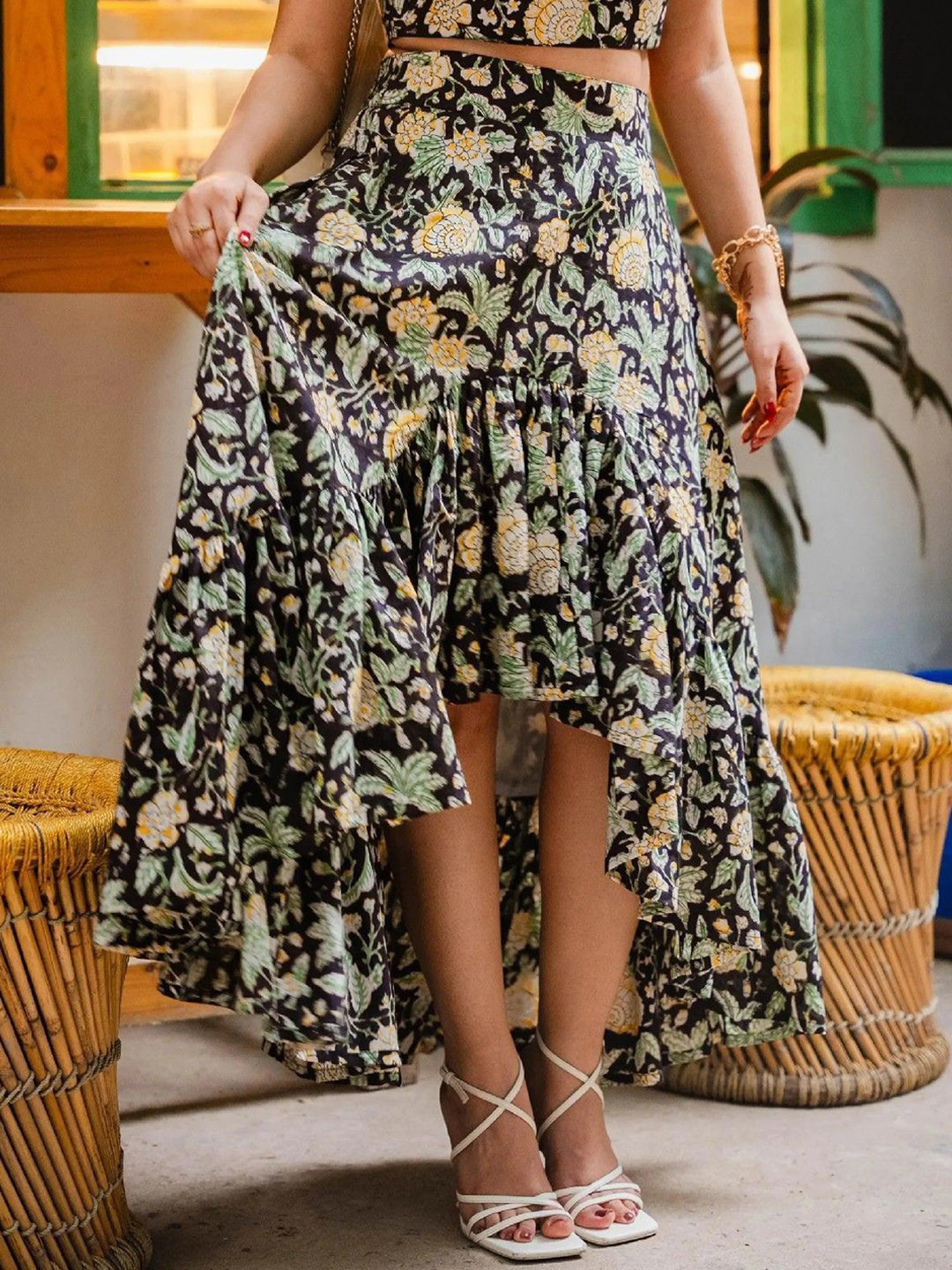 ODHANON Floral Printed Cotton A-Line Asymmetric Ruffle Maxi Skirt