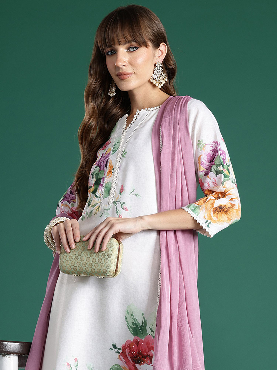 Indo Era Floral Printed Straight Beads and Stones Linen Kurta With Trousers And Dupatta