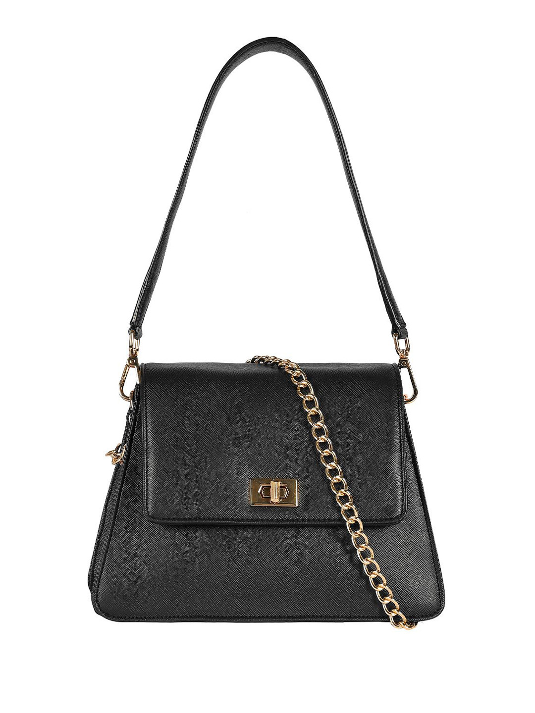 eske Women Black Solid Twist Lock Chain Strap Trapeze Leather Shoulder Bag