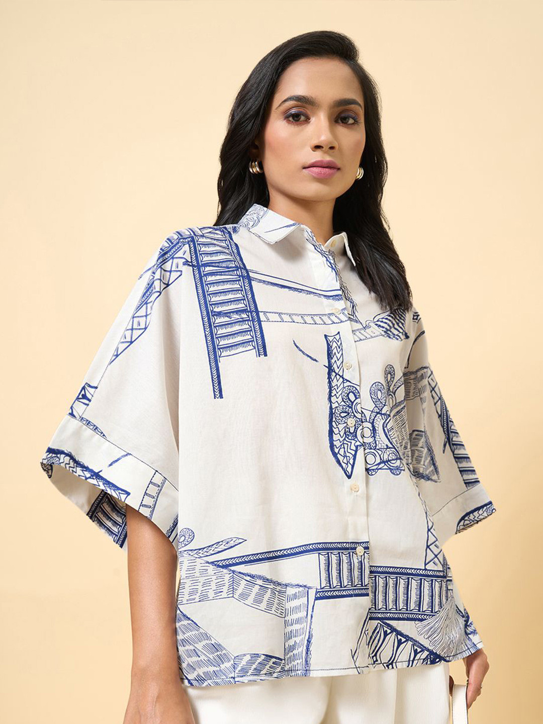 Marigold Lane Women Abstract Printed Pure Cotton Boxy Shirt Style Top