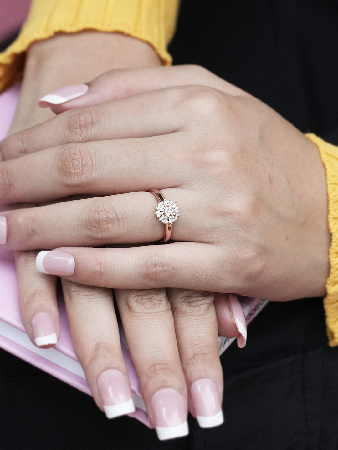 Women 925 Silver Rose Gold-Plated CZ Studded Adjustable Baguette Finger Ring