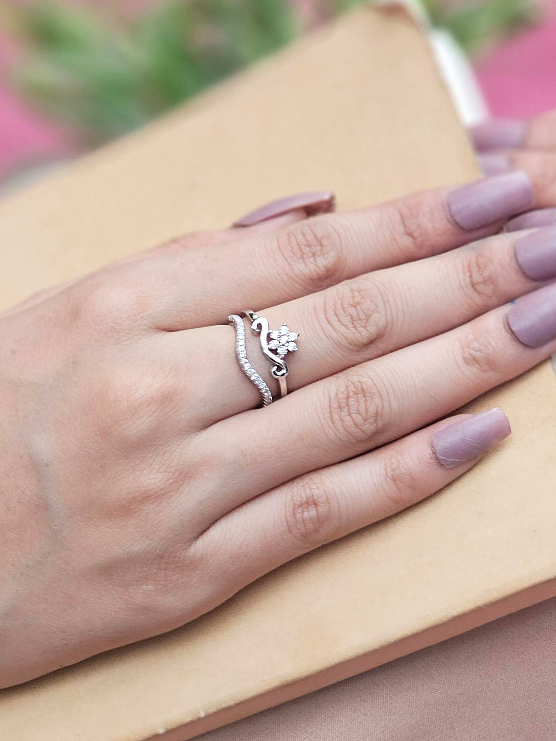 INARI SHINES 925 Silver Rhodium-Plated CZ Studded Adjustable Two Layer Crown Finger Ring