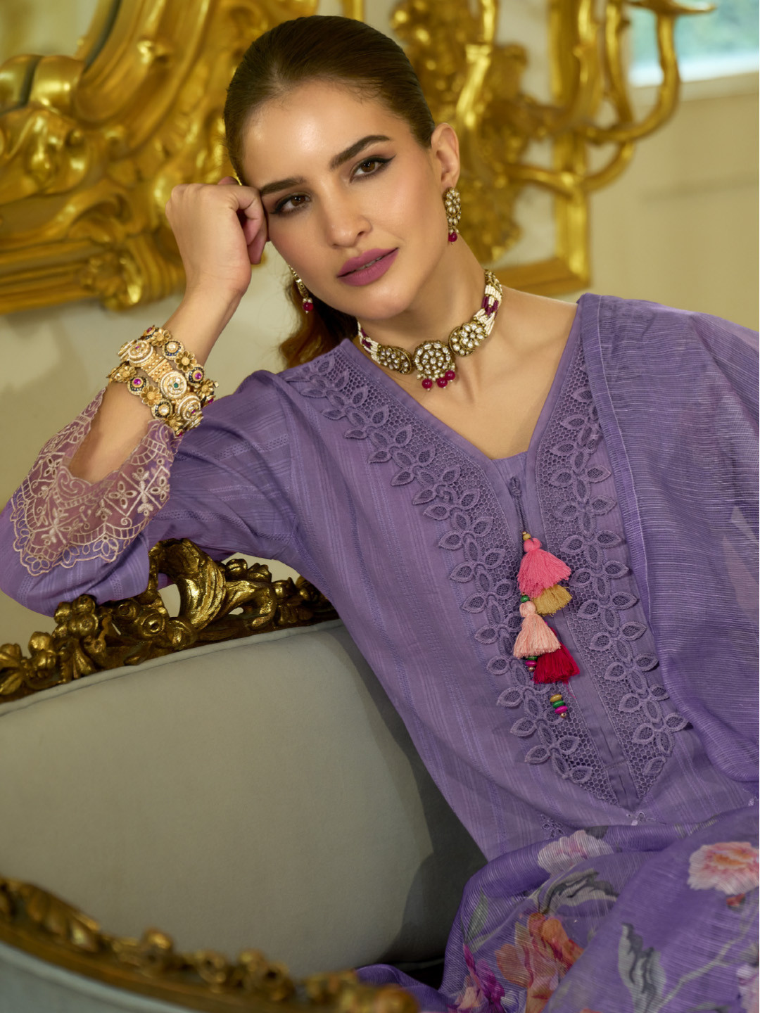 Varanga Nazrana Floral Thread Embroidered Schiffli Orangza Lace Kurta Trouser & Dupatta