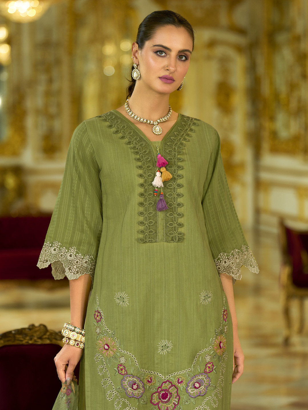 Varanga Nazrana Floral Thread Embroidered Schiffli Orangza Lace Kurta Trouser & Dupatta