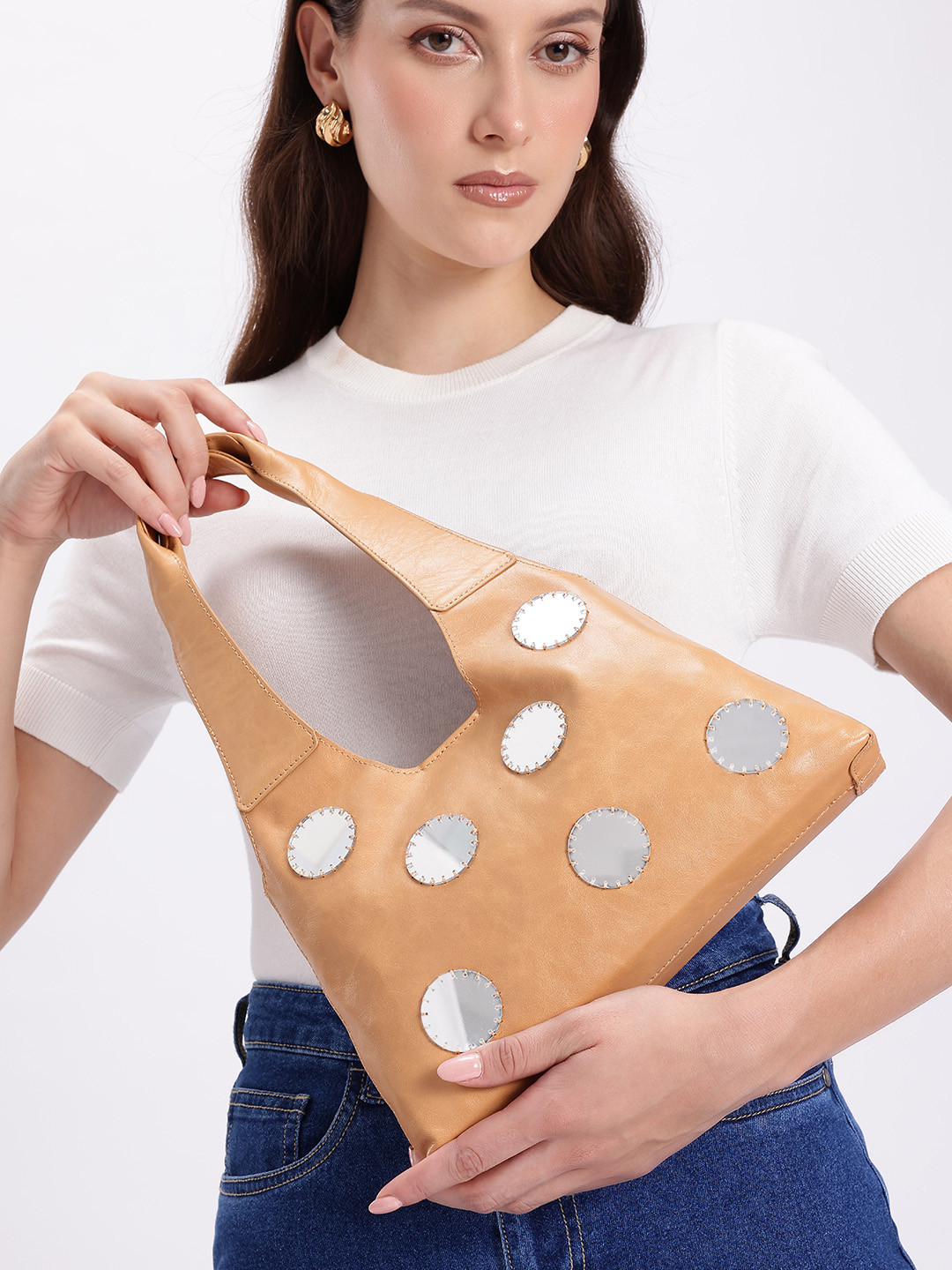 MANGO Mirror Work Leather Baguette Bag