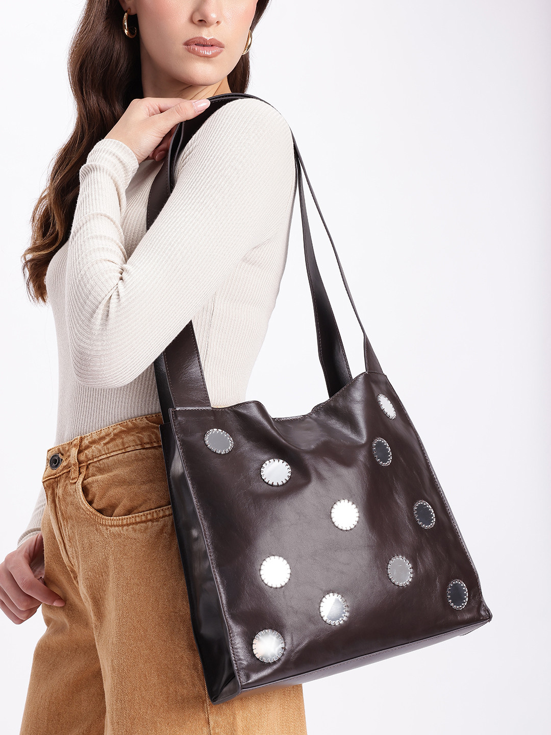 MANGO Leather Mirror Embellished Structured Shoulder Bag