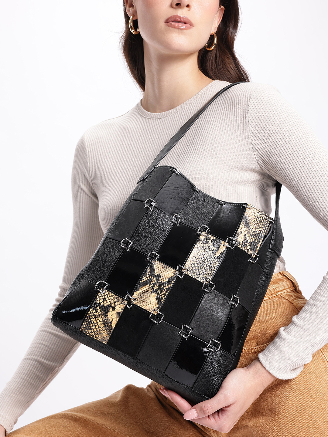 MANGO Leather Textured Shoulder Bag
