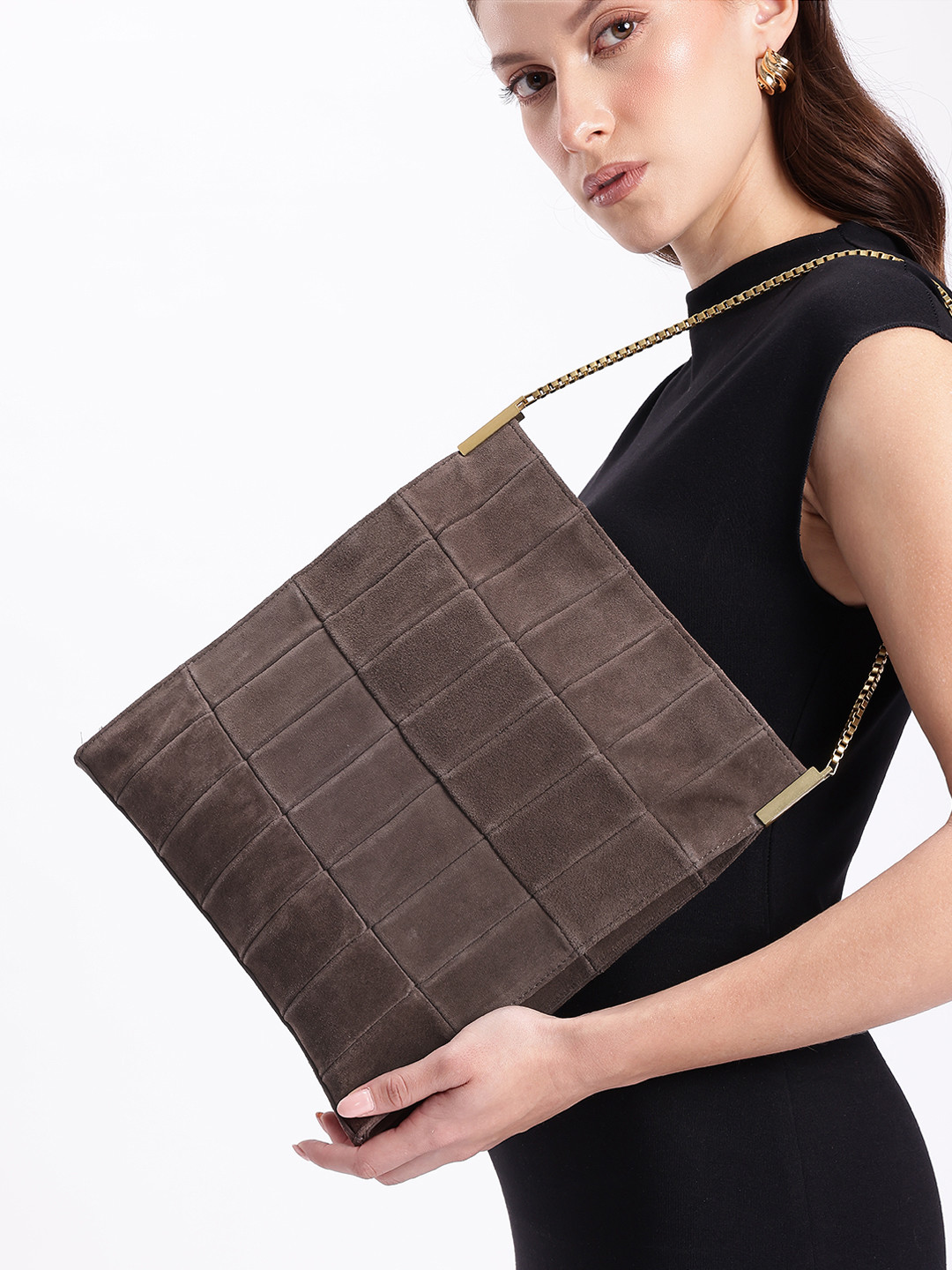 MANGO Self Design Suede Structured Shoulder Bag