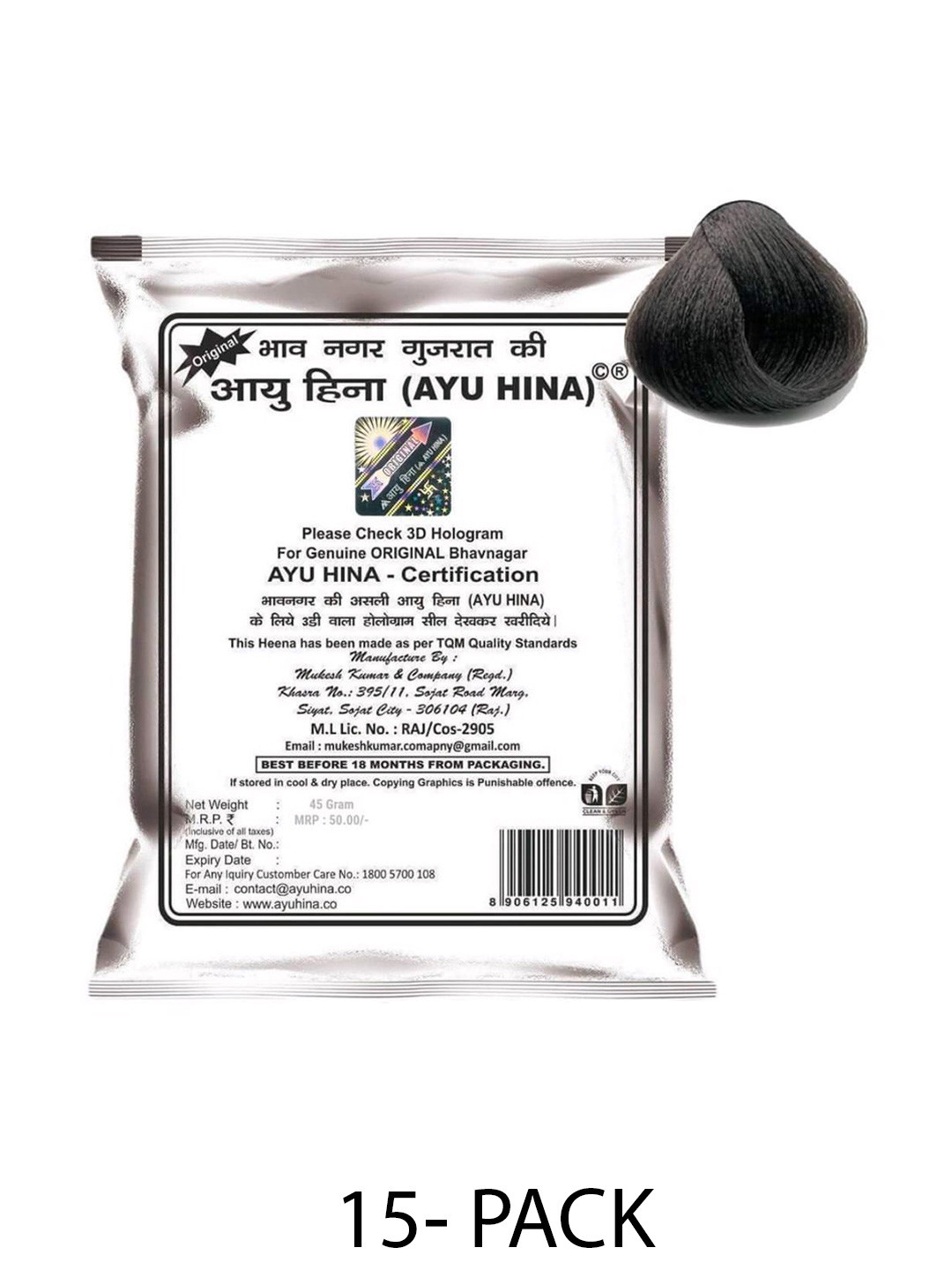 AYU HINA Set Of 15 Henna Powder For Hair Color - 45 g Each - Natural Black