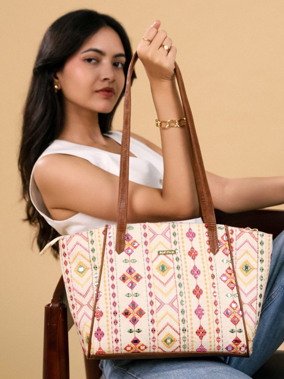 AMYRA Nadia Women Mirror Embroidered Tote Bag