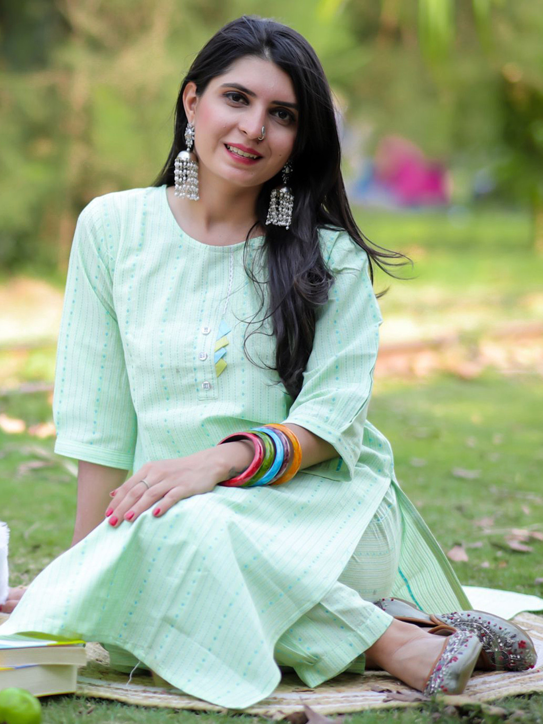 KALINI Striped Round Neck Straight Kurta With Trousers