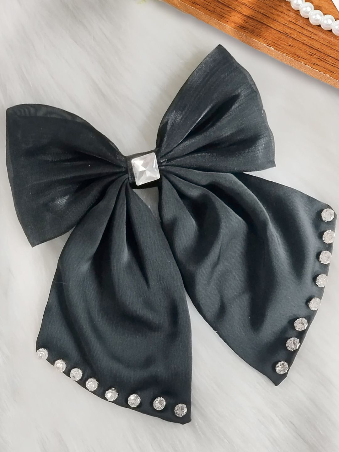 LYKAA Set of 1 Black Stylish Hair Bow With Diamond Rhinestones
