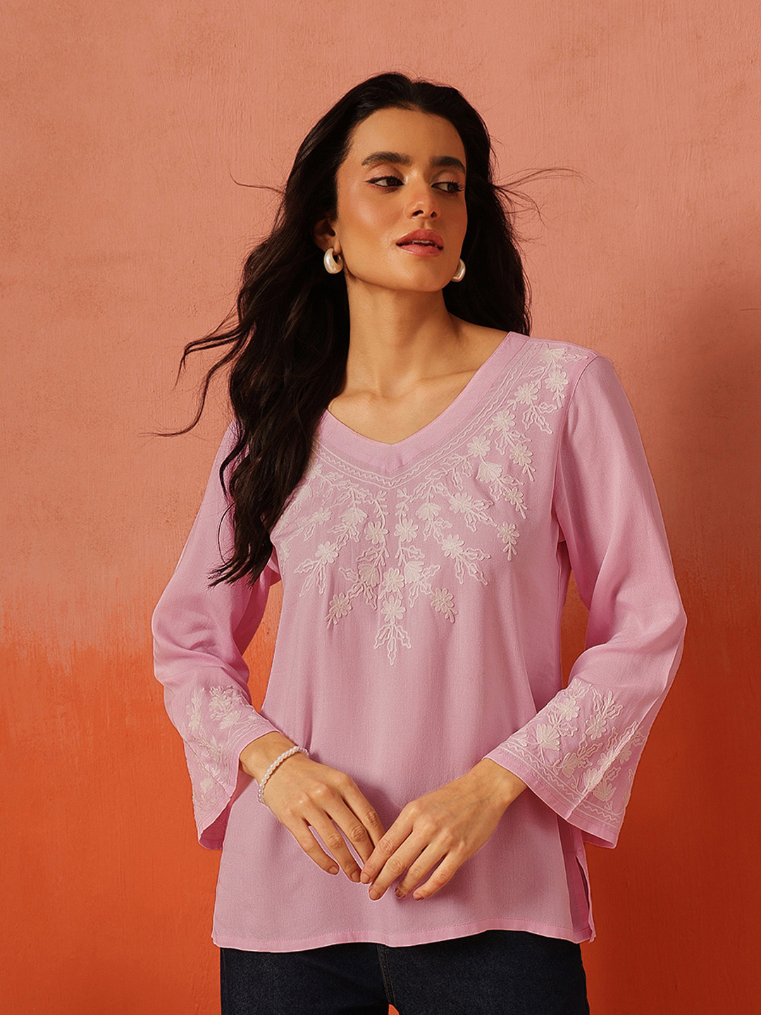 Qazmi Women Sarah V-Neck Kashmiri Aari Work Full Sleeves Kurti