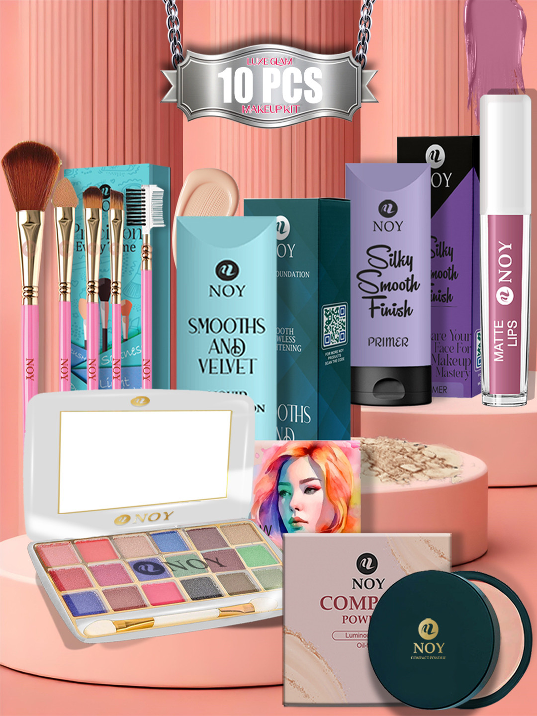 NOY 10 PCS Makeup Kit with Lipsticks, Primer, compact & Foundation for Special Occasions