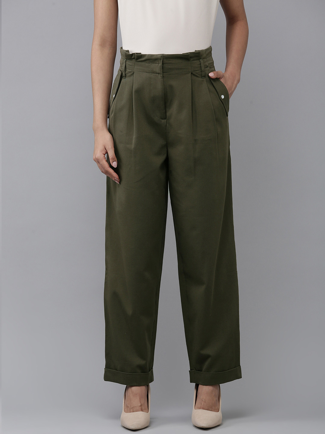 Van Heusen Woman Tapered Fit Paper Bag Waist Pleated Trousers