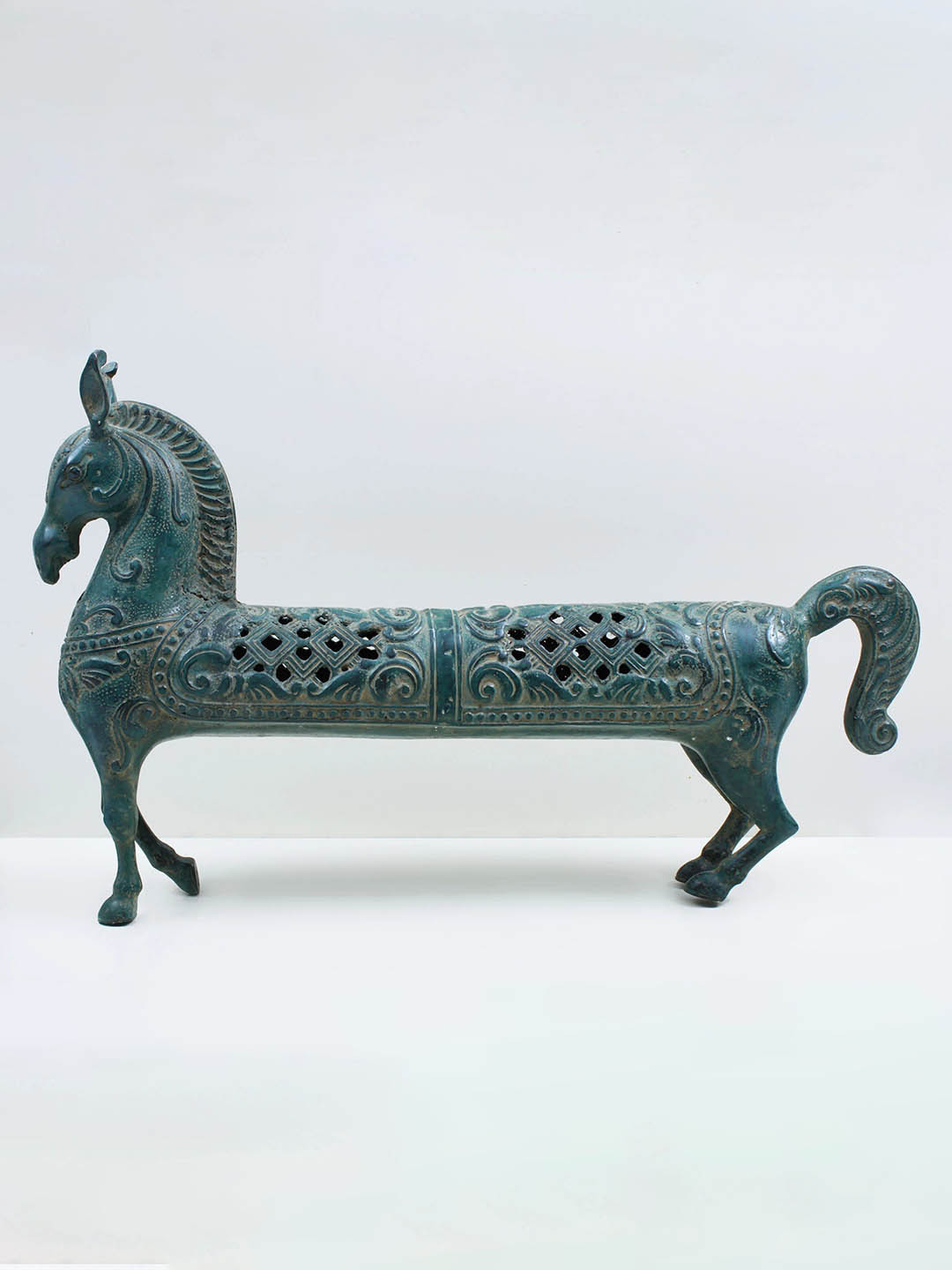 Exotic India Horse Sea Green Brass Metallic Living Room Large Showpiece - 14 Inches