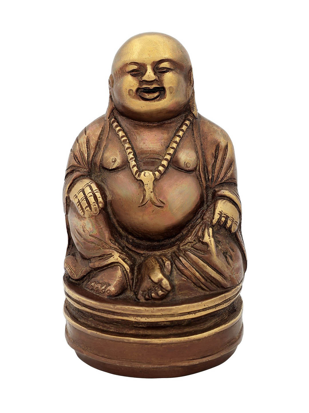 Exotic India Laughing Buddha Brown Brass Metallic Prayer Room Hand Made Small Showpiece - 5 Inches