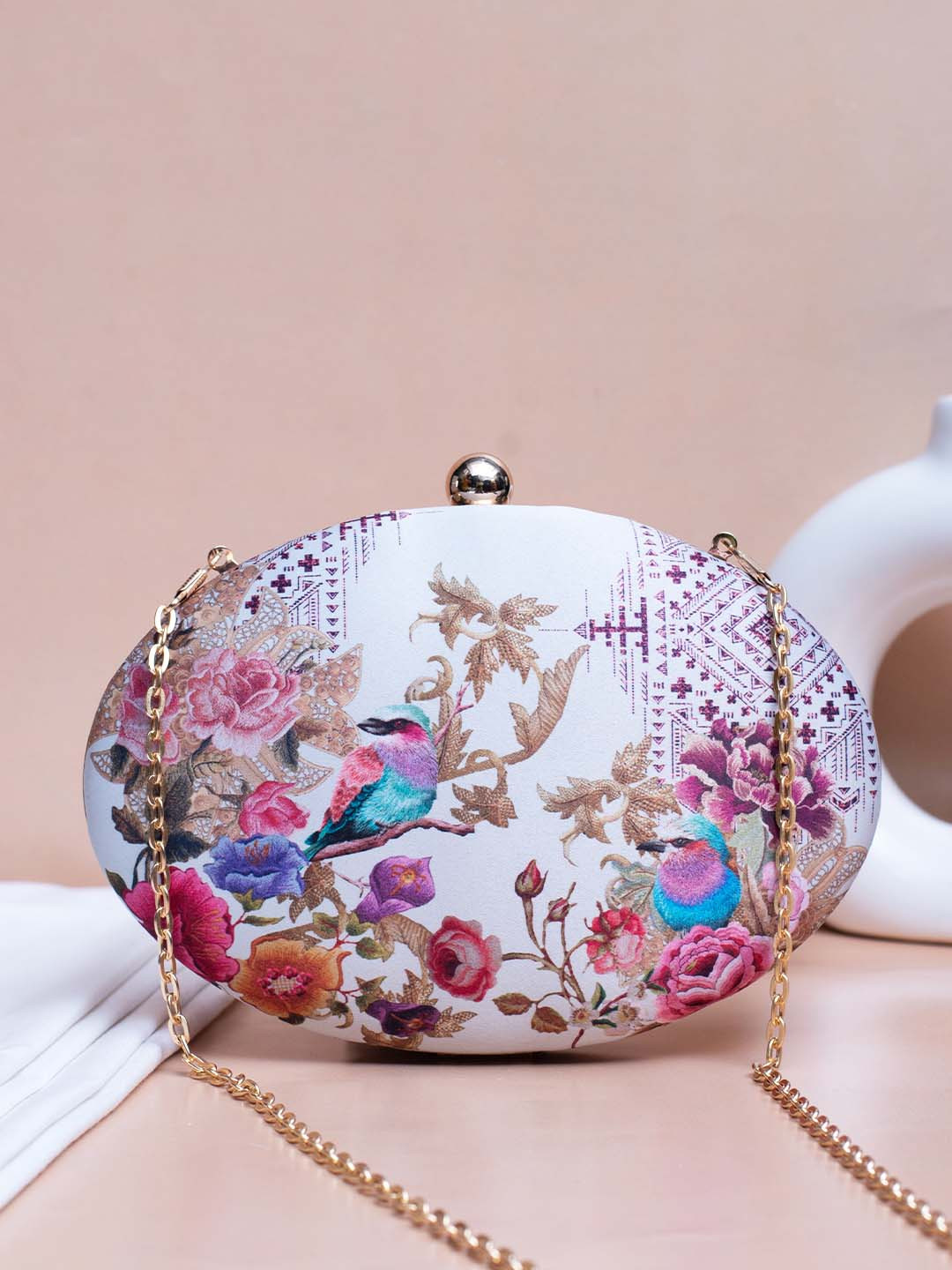 ARTKLIM Floral Birds Printed Oval Box Clutch With Shoulder Strap