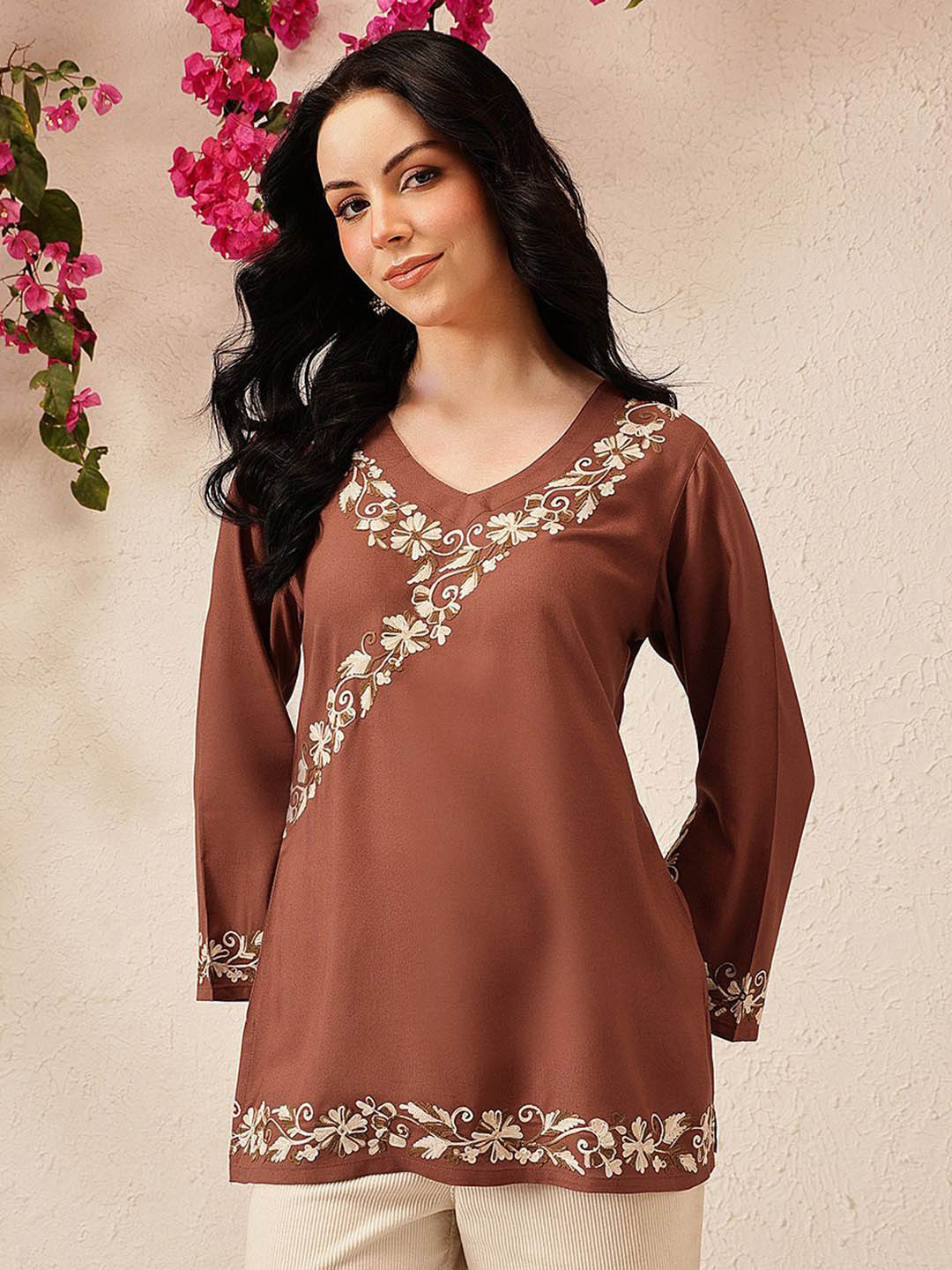 QAZMI Women Jina V-Neck Kashmiri Aari Work Full Sleeves Kurti