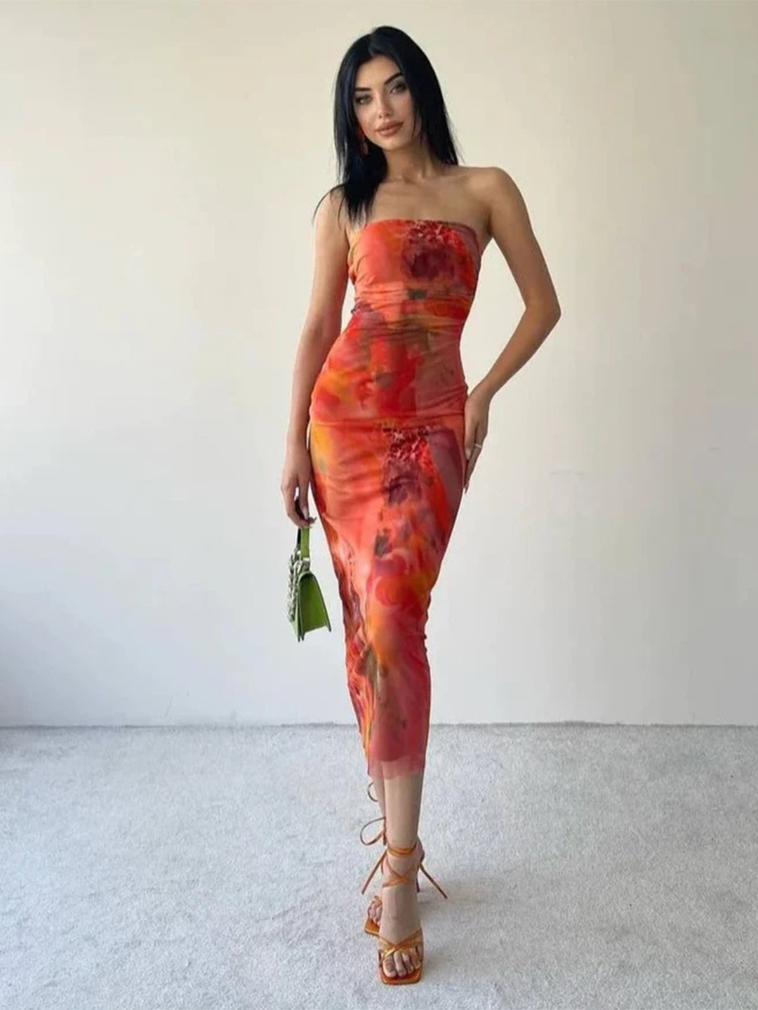 TRENBEE Wwomen Abstract Printed Bodycon Bandeau Midi Dress