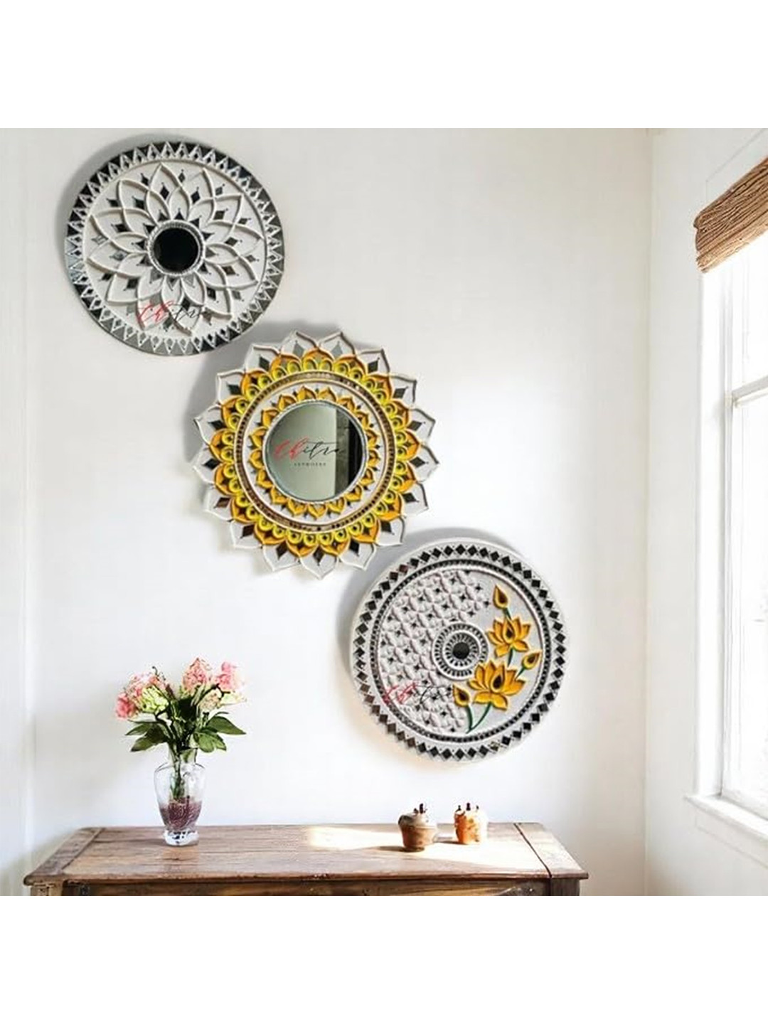 Chitra Artworks Mud & Mirror Work Lippan Wood Glossy Hanging Hall 3Pcs Wall Plates-4.7In