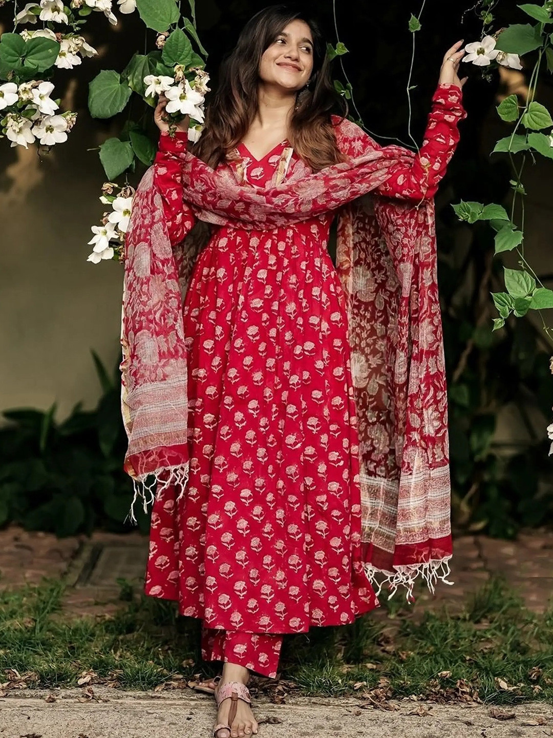 KALINI Floral Printed V-Neck Anarkali Kurta With Trousers And Dupatta