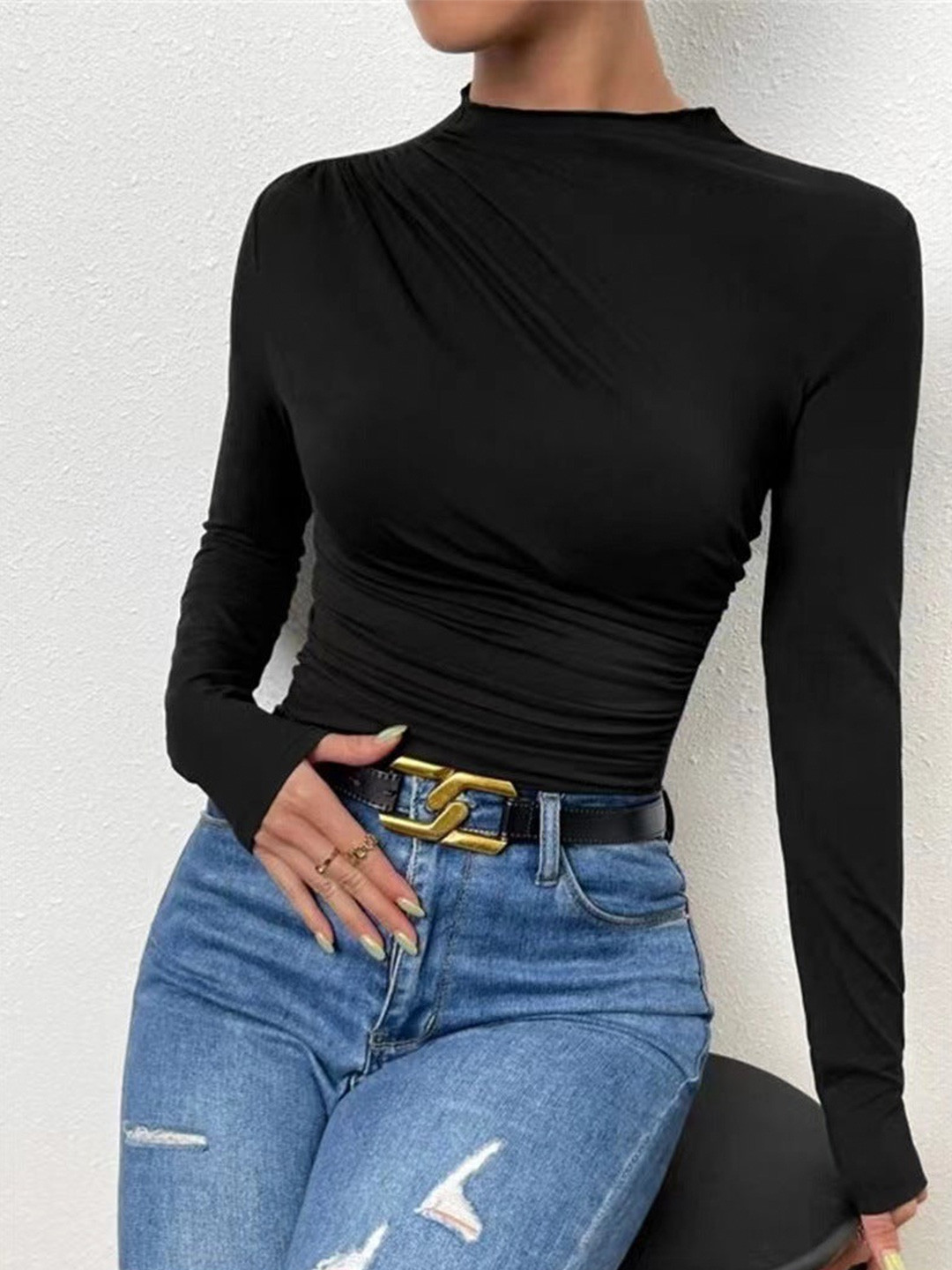 Outzidr Women Black High Neck Side Ruched Top