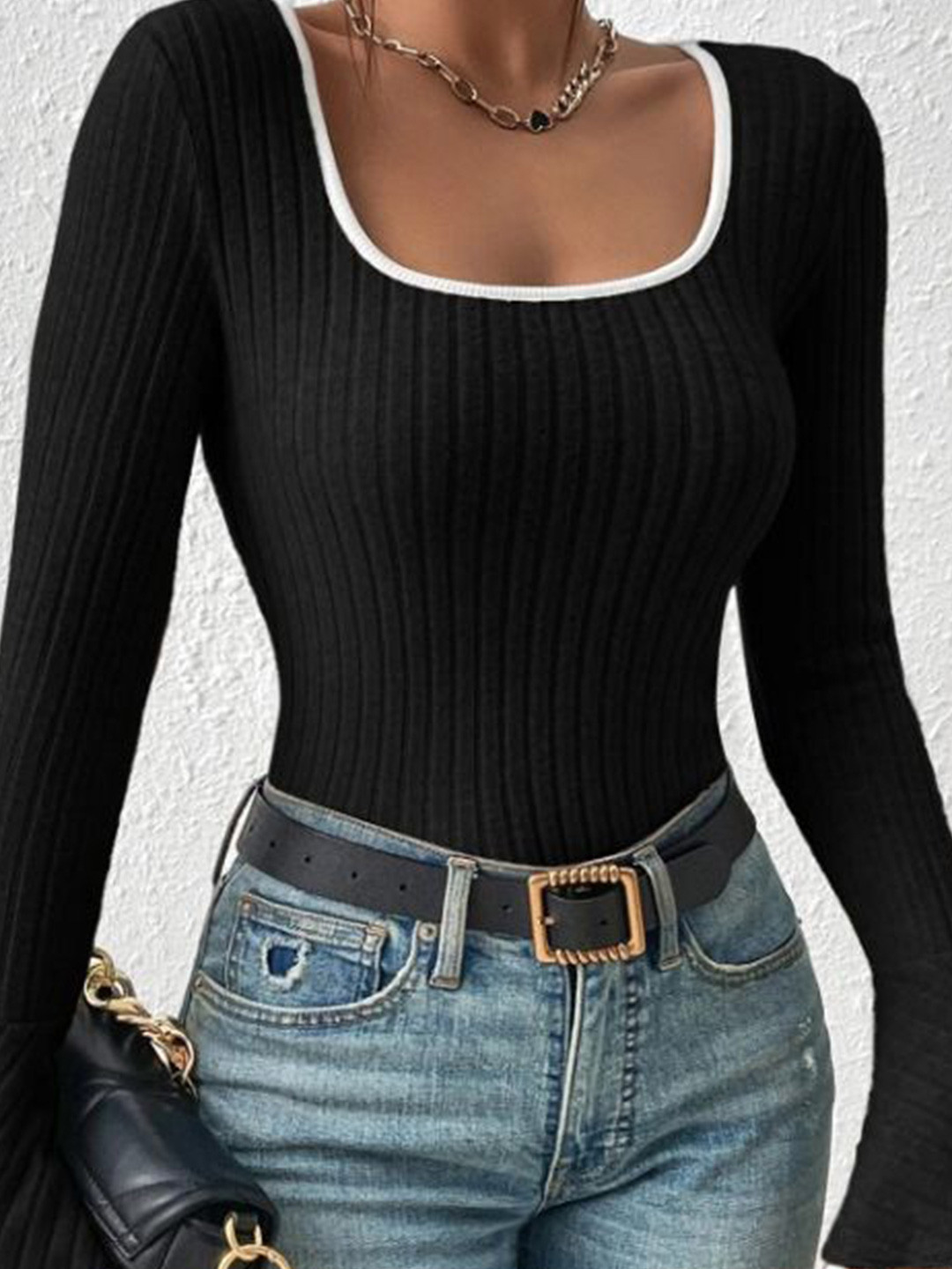 Outzidr Flat Knit Top With Bell Sleeves