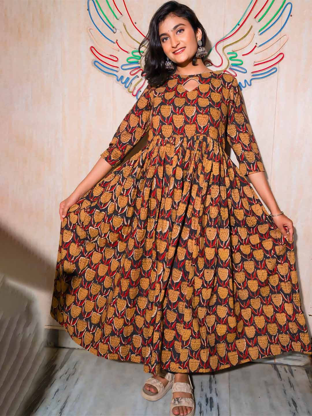 OHOO JAIPUR Printed Pure Cotton A-Line Maxii Dress