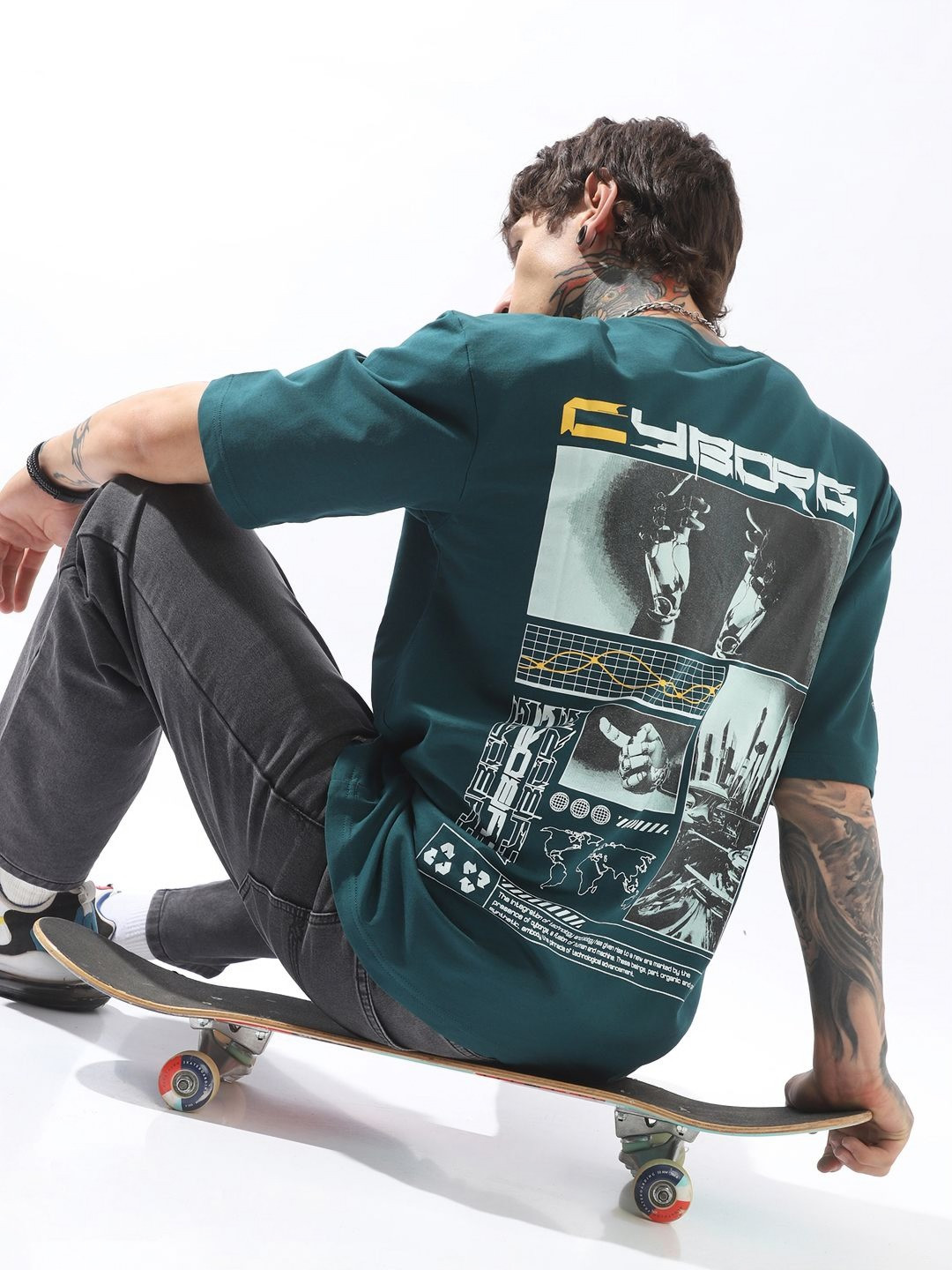 Hubberholme Men Cyborg Graphic Printed Round Neck Cotton Oversized T-shirt