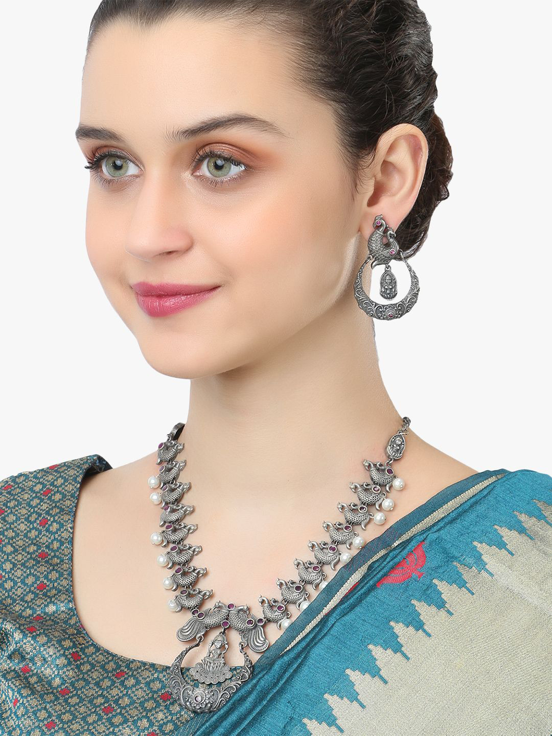 Sangria Silver-Plated Stone Studded & Beaded Oxidised Peacock Temple Jewellery Set