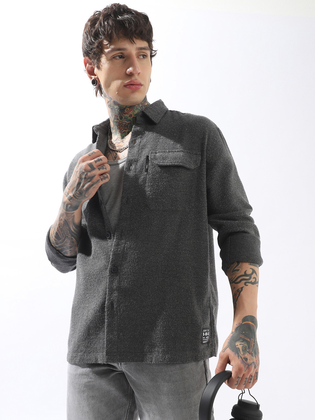 Hubberholme Men Spread Collar Cotton Textured Double Pocket Utility Casual Shirt