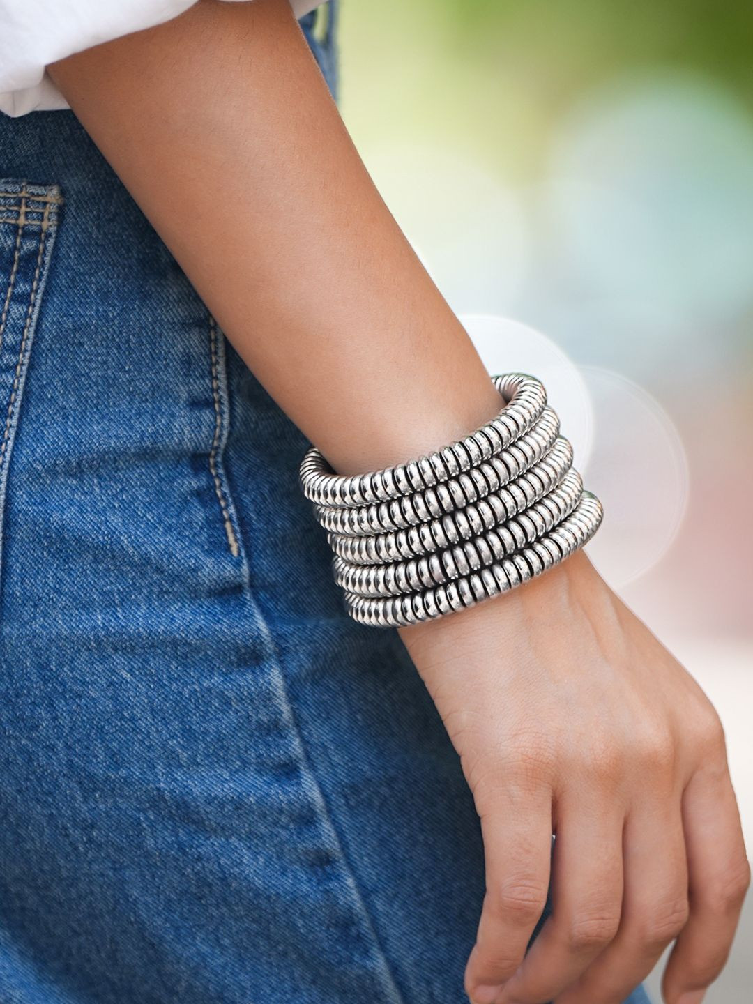Rubans  Silver-Plated Glossy Silver Beaded Multi-Layered Coiled Bracelet