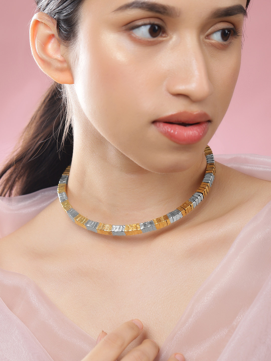 Rubans  Dual-Toned Gold & Silver Plated Textured Link Statement Bold Choker Necklace