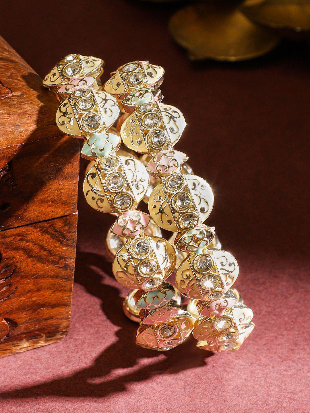 Rubans Set of 2 Handcrafted 18K Gold-Plated Pastel Colour Enamel Bangles with White Stone