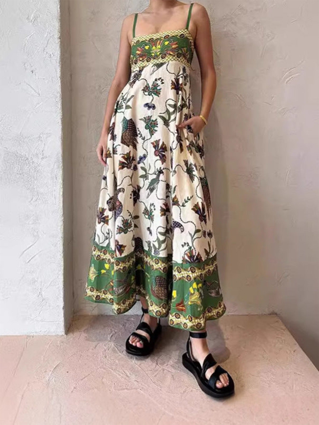 Outzidr Green Floral Print Slip Dress