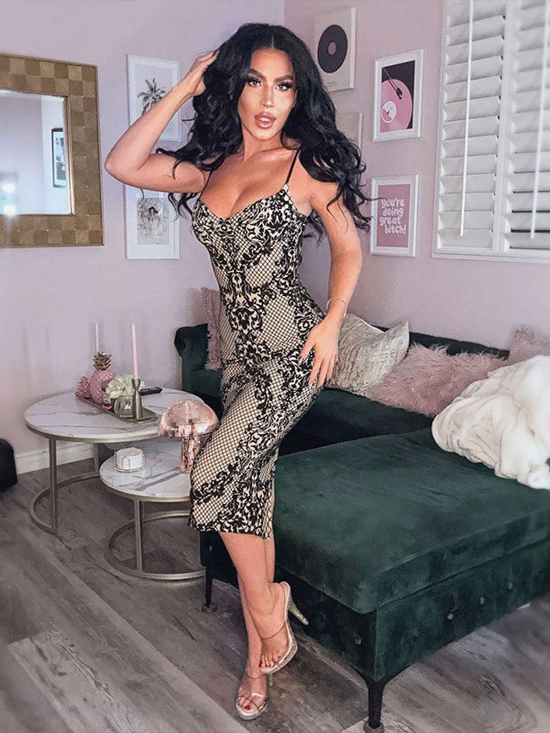 Outzidr Black Lace Print Strappy Midi Dress