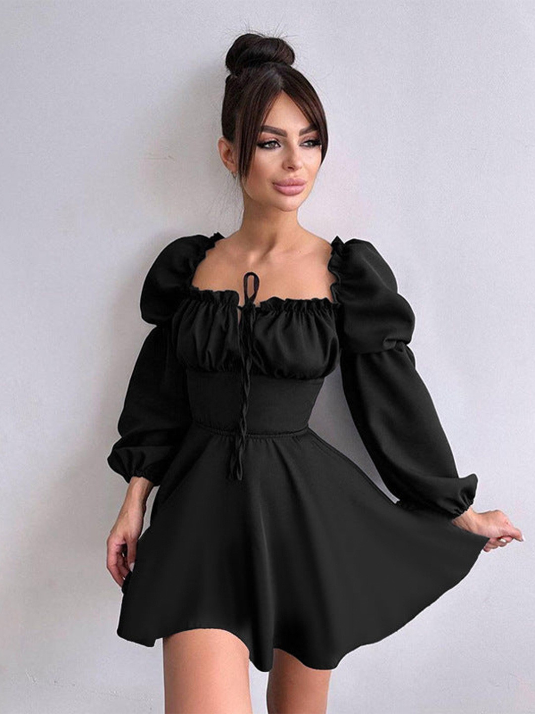 Outzidr Black Corset Flared Full Sleeve Dress