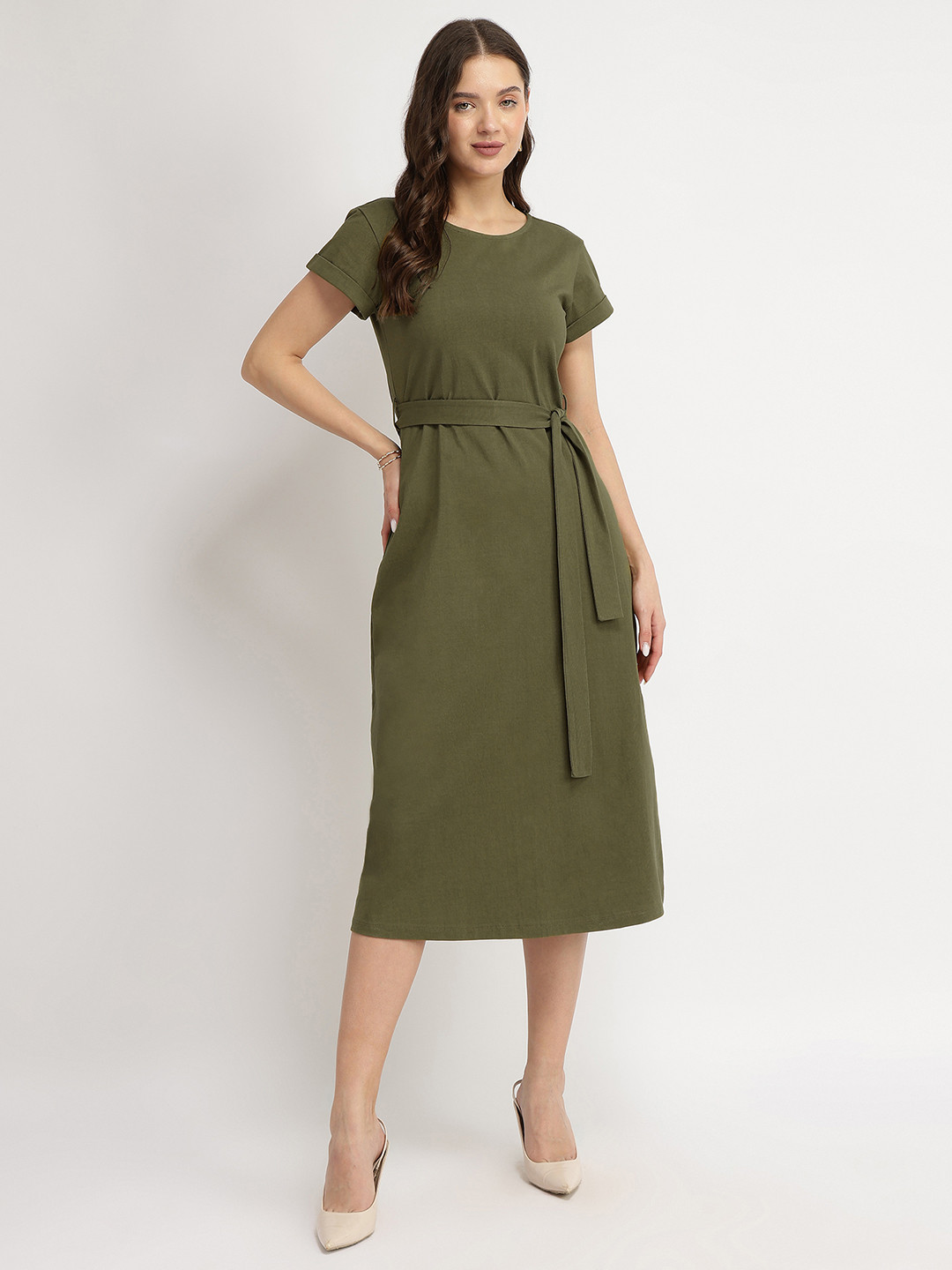 FableStreet Women Olive Cotton Knit A-Line Dress